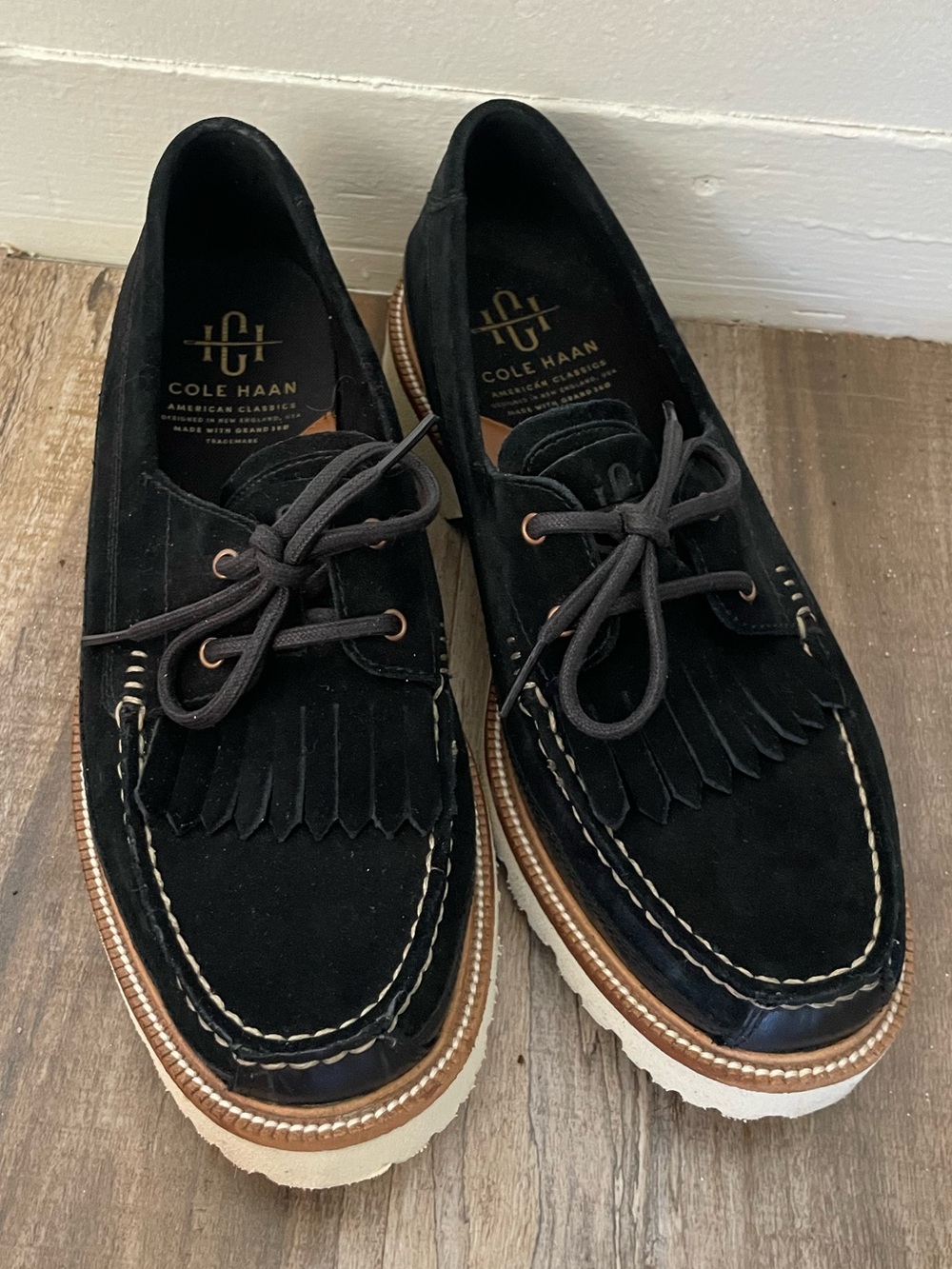 Cole Haan Black Suede Fringe Moccasin Boat Shoes with Contrast Sole